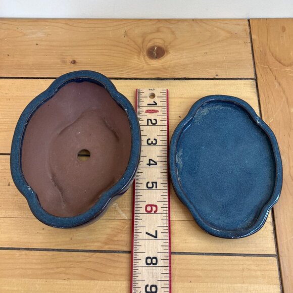 Bonsai Planter Lotus Shape Pot with Tray Blue Glaze Terracotta 6 1/2" Long - Picture 3 of 5